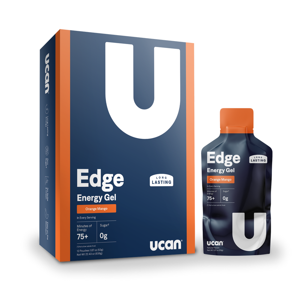 UCAN Orange Mango Energy Gel box and gel side by side.