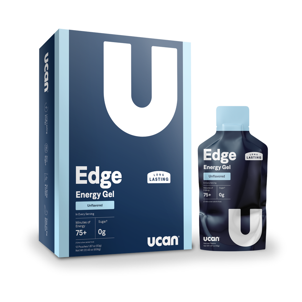 UCAN Unflavored Energy Gel box and gel side by side.