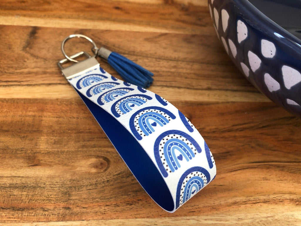 Blue Boho Rainbow Diabetes Heart Keychain, Diabetes Awareness Keychain, T1D Wristlet