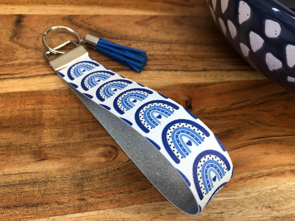 Blue Boho Rainbow Diabetes Heart Keychain, Diabetes Awareness Keychain, T1D Wristlet