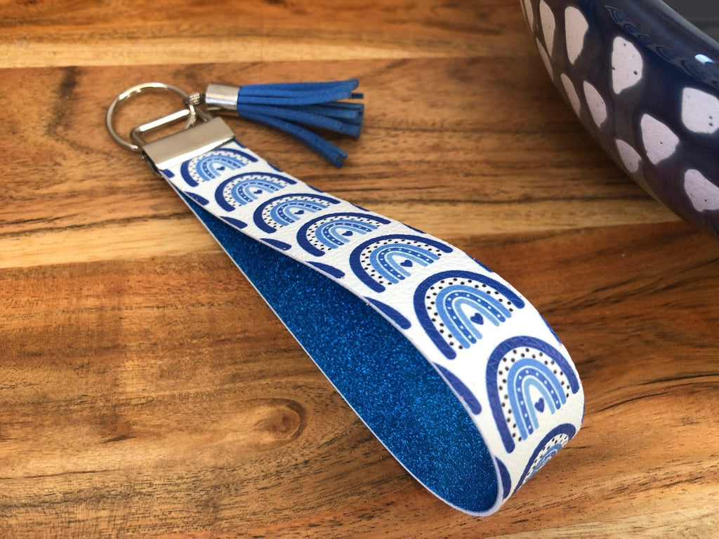 Blue Boho Rainbow Diabetes Heart Keychain, Diabetes Awareness Keychain, T1D Wristlet