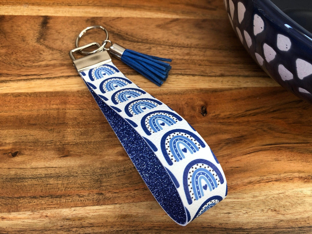 Blue Boho Rainbow Diabetes Heart Keychain, Diabetes Awareness Keychain, T1D Wristlet