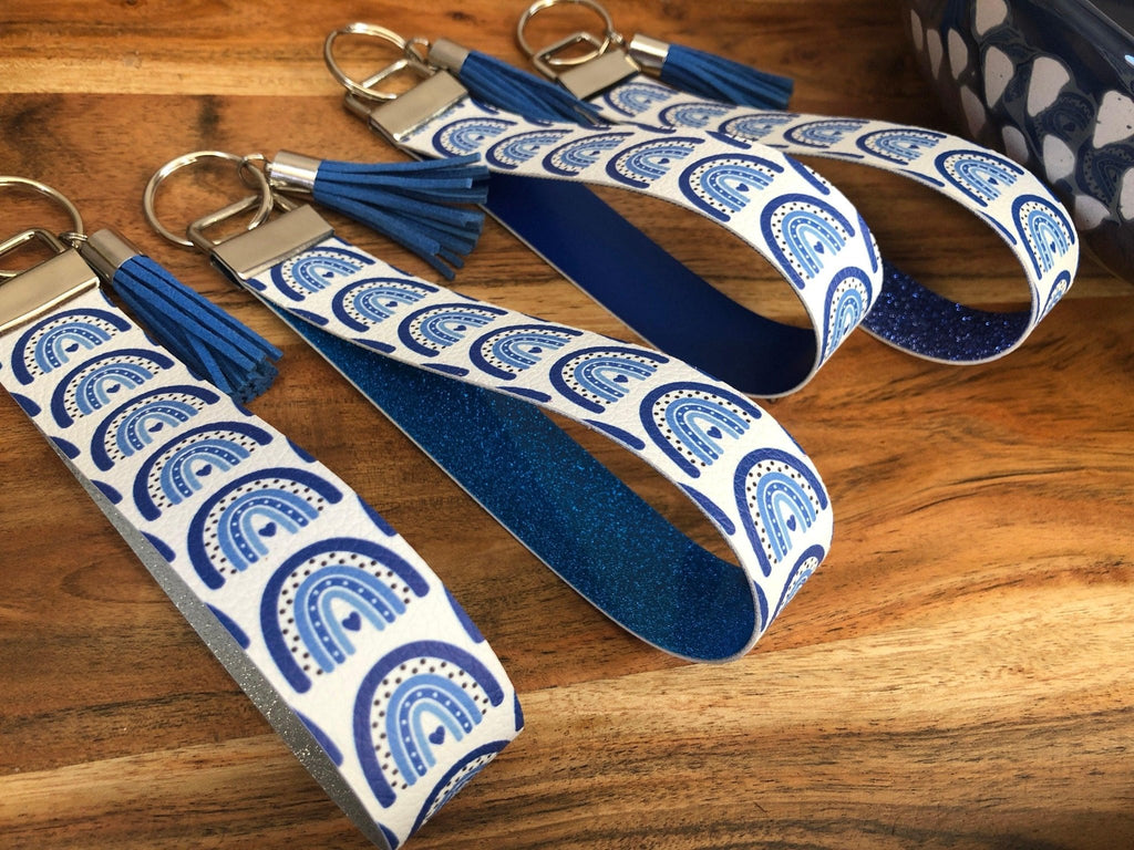 Blue Boho Rainbow Diabetes Heart Keychain, Diabetes Awareness Keychain, T1D Wristlet